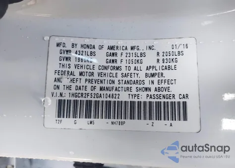 2016 Honda Accord Sport из США, поврежденный, VIN 1HGCR2F52GA104822